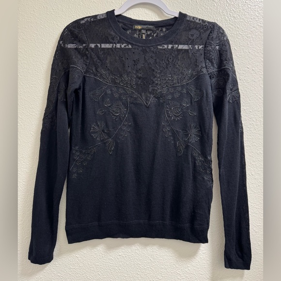 Maje Thin Sweater Wool Blend Sheer Floral Lace Trim Pullover Black Womens Small